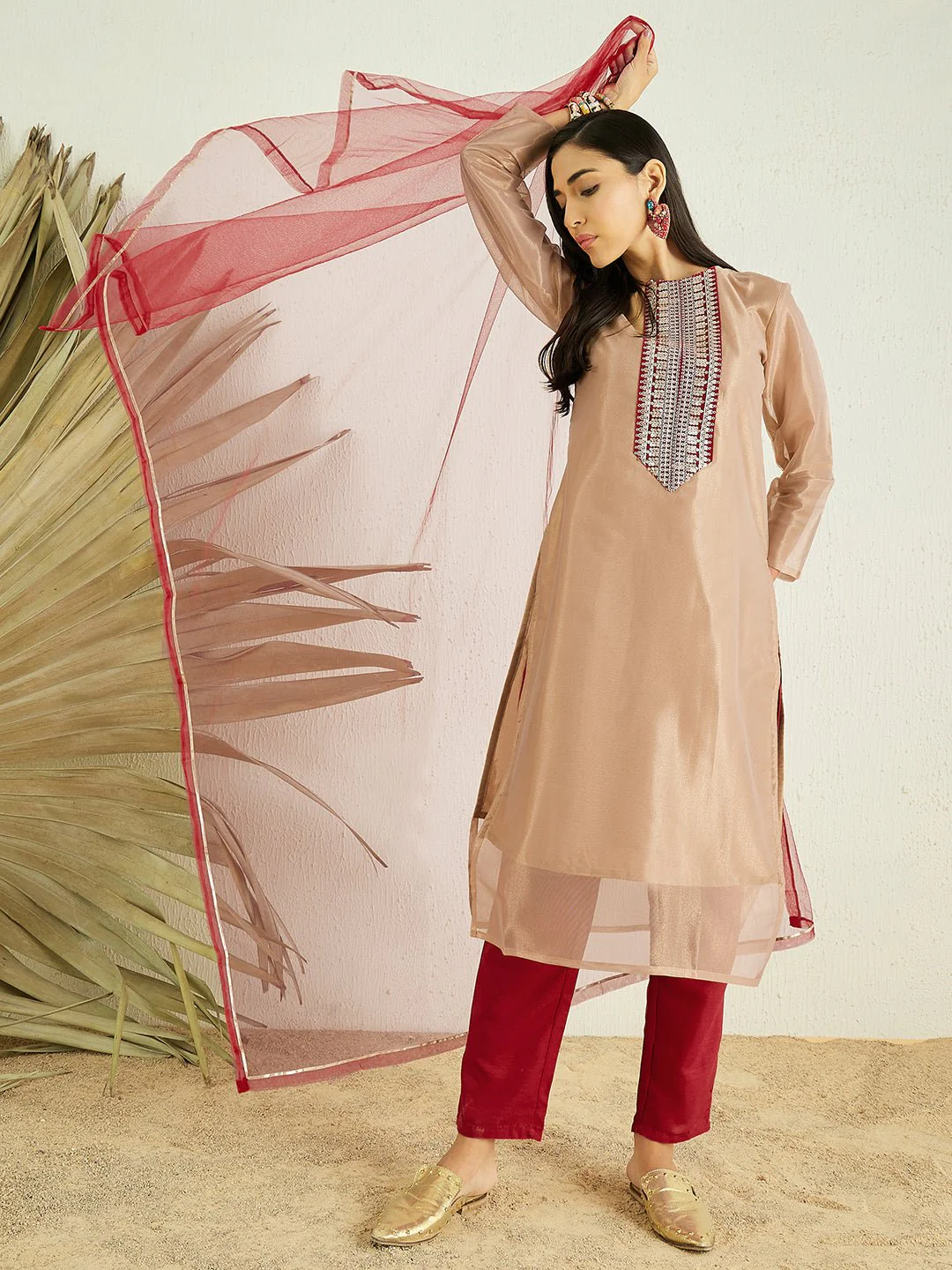 CREAM ETHNIC MOTIFS SEQUINED KURTA WITH TROUSERS & DUPATTA