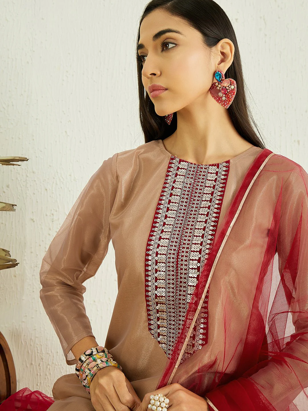 CREAM ETHNIC MOTIFS SEQUINED KURTA WITH TROUSERS & DUPATTA