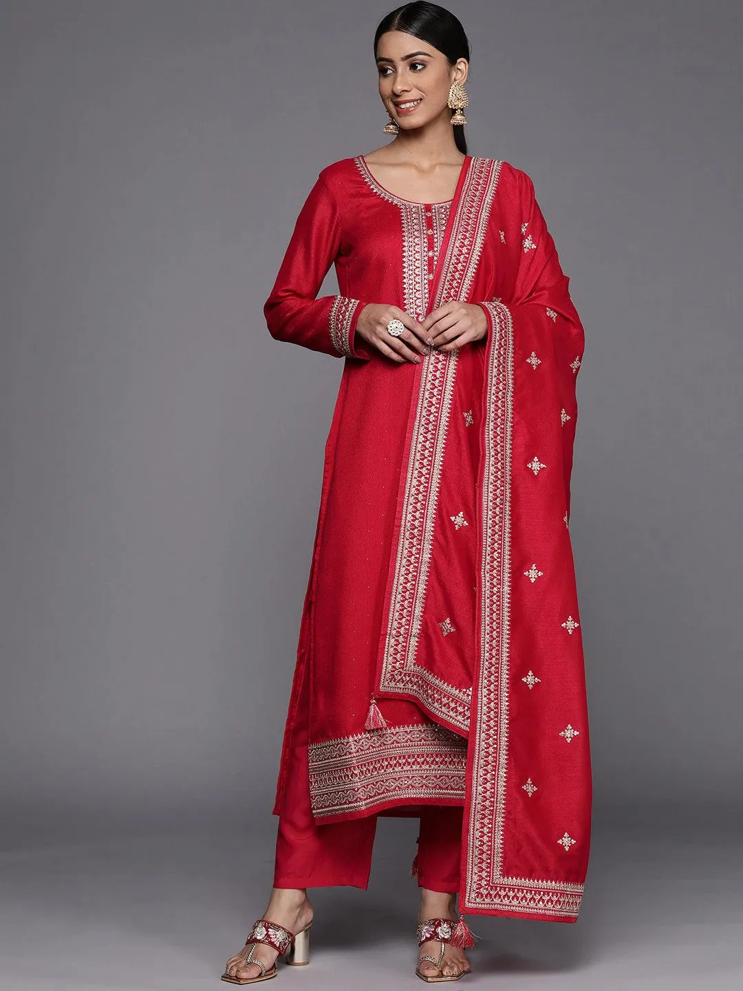 Coral Embroidered Silk Blend Straight Kurta With Dupatta