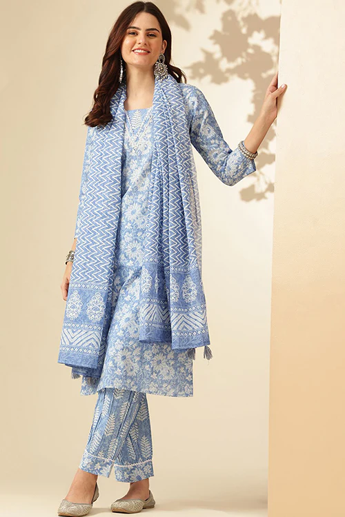 Blue Printed Cotton Suit- Set of 3