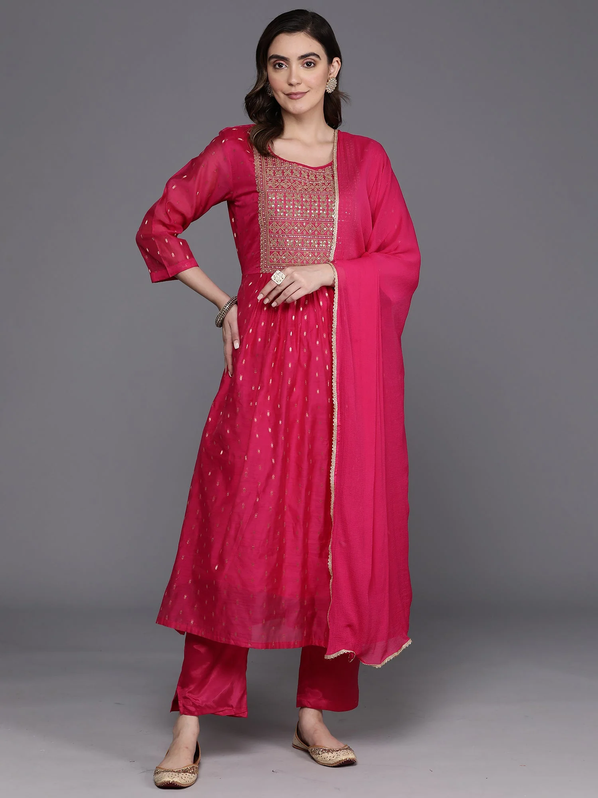 Pink Embroidered A-Line Kurta Trousers With Dupatta Set