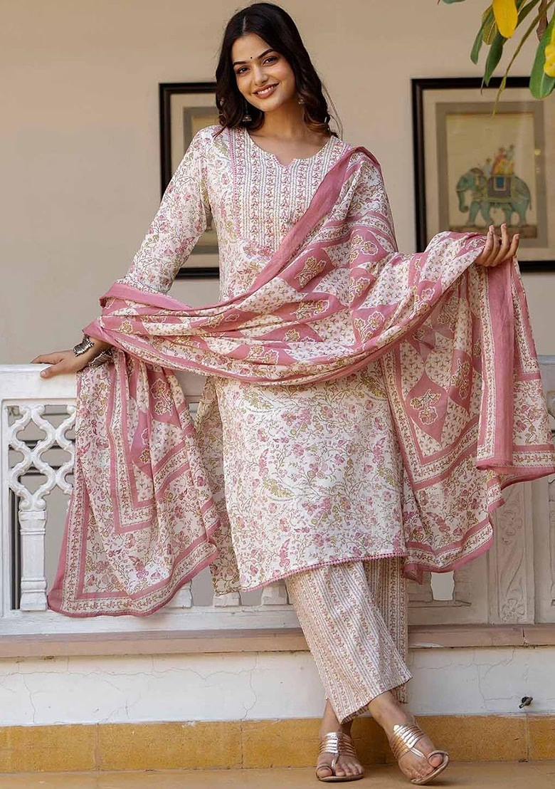 Floral Yoke Design Aari Work Pure Cotton Kurta With Trousers And With Dupatta