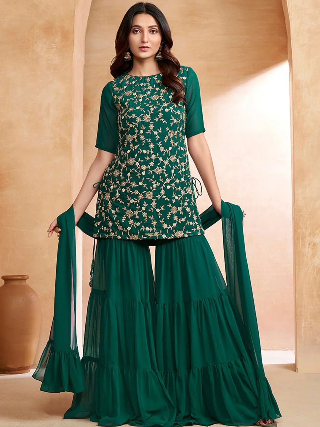 GREEN FLORAL EMBROIDERED KURTA WITH SHARARA & DUPATTA