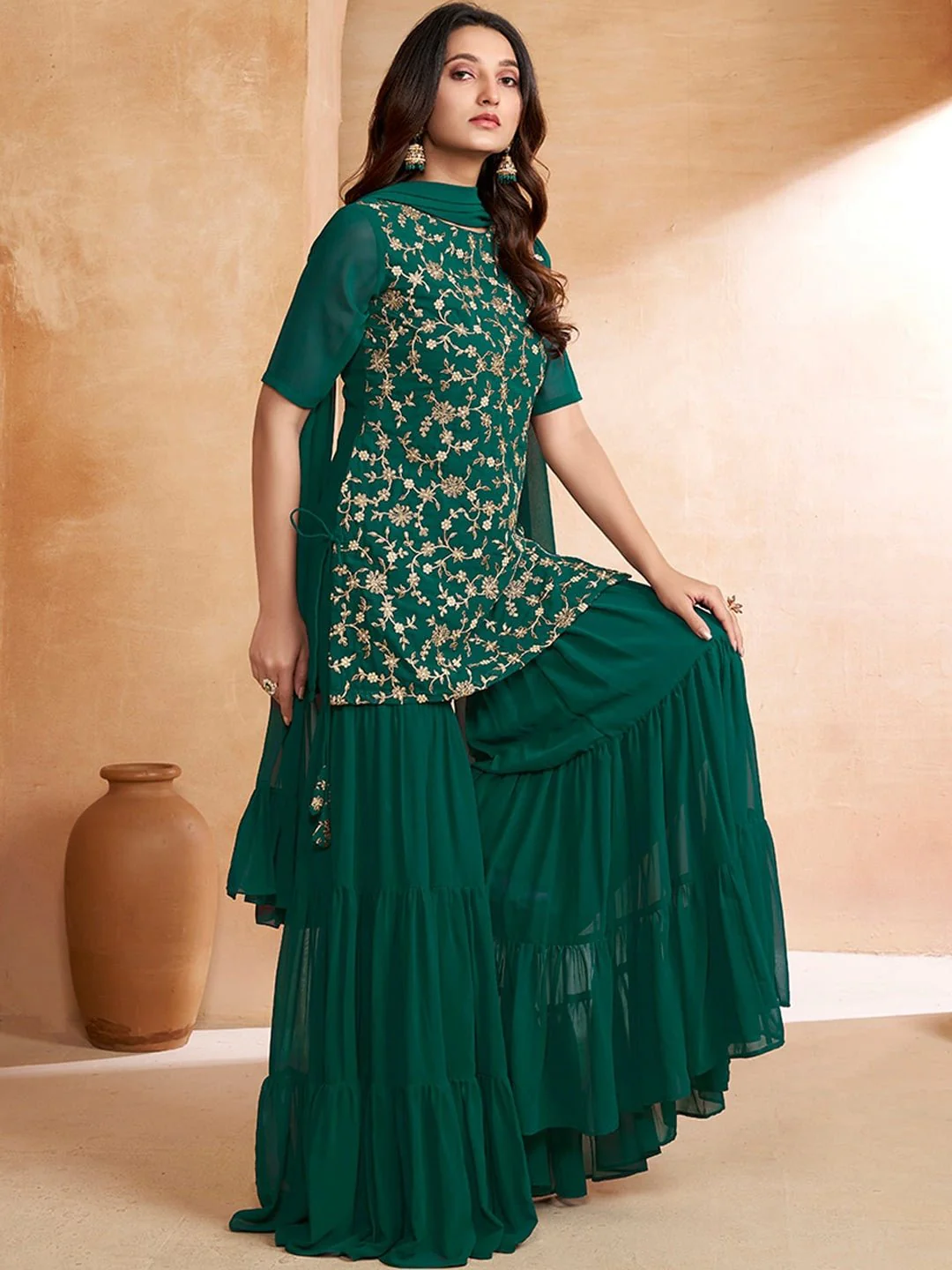 GREEN FLORAL EMBROIDERED KURTA WITH SHARARA & DUPATTA