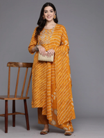 Women's Mustard Printed Straight Kurta Trousers With Dupatta Set