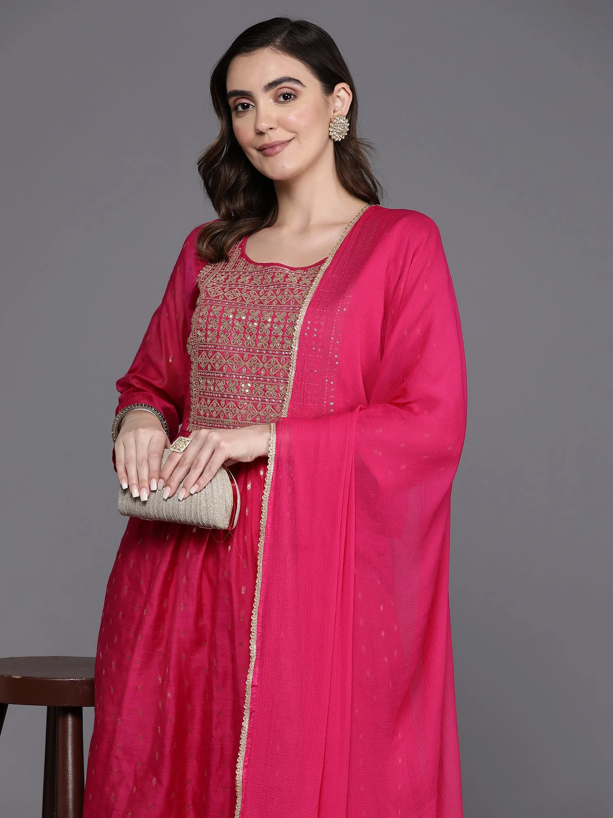 Pink Embroidered A-Line Kurta Trousers With Dupatta Set