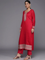 Coral Embroidered Silk Blend Straight Kurta With Dupatta