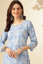 Blue Printed Cotton Suit- Set of 3