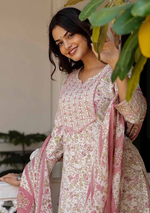 Floral Yoke Design Aari Work Pure Cotton Kurta With Trousers And With Dupatta