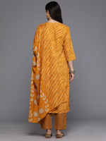 Women's Mustard Printed Straight Kurta Trousers With Dupatta Set