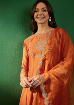 Embroidered Boat Neck Kurta With Trousers And Dupatta