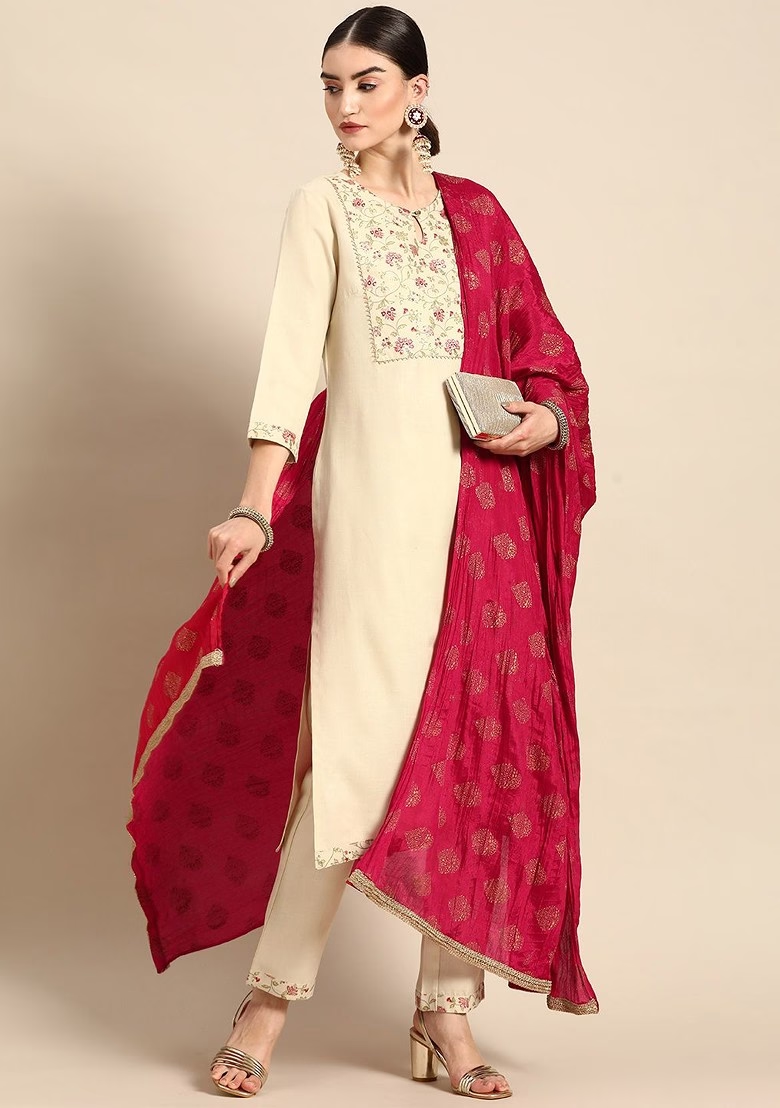 Women Off White And Pink Ethnic Motifs Yoke Design Kurta With Trousers And With Dupatta