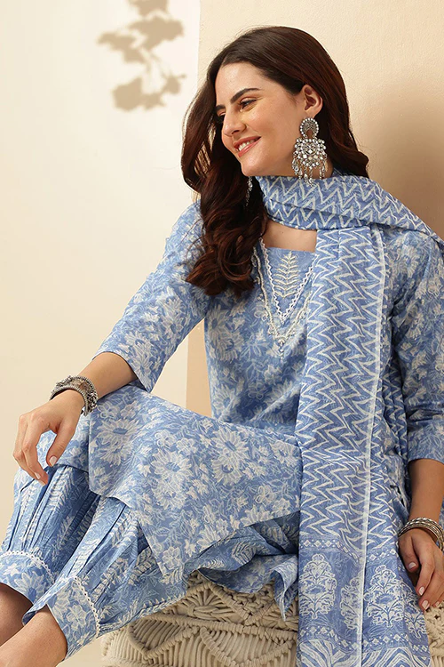 Blue Printed Cotton Suit- Set of 3