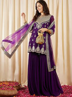 PURPLE EMBROIDERED REGULAR SEQUINED KURTI WITH SHARARA & DUPATTA