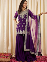 PURPLE EMBROIDERED REGULAR SEQUINED KURTI WITH SHARARA & DUPATTA