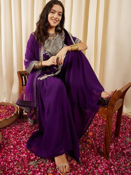 PURPLE EMBROIDERED REGULAR SEQUINED KURTI WITH SHARARA & DUPATTA