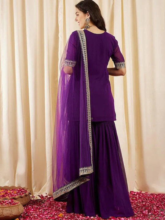 PURPLE EMBROIDERED REGULAR SEQUINED KURTI WITH SHARARA & DUPATTA