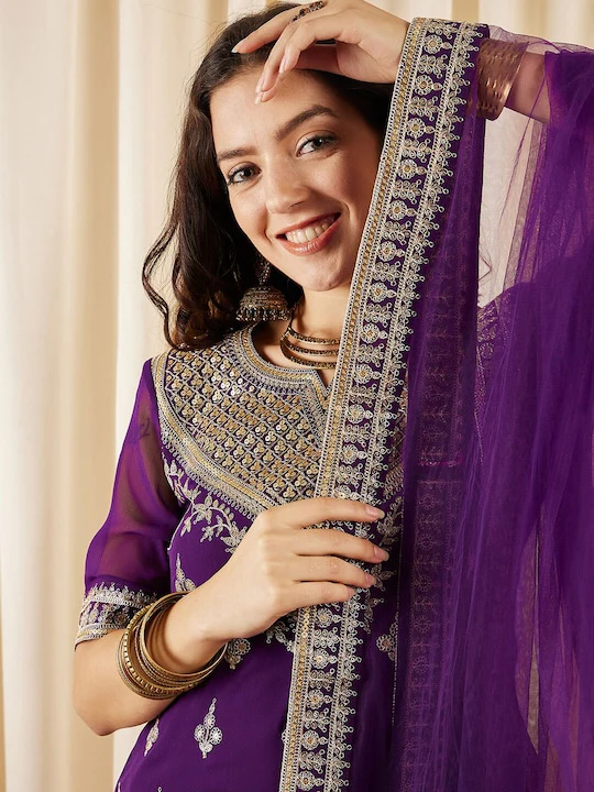 PURPLE EMBROIDERED REGULAR SEQUINED KURTI WITH SHARARA & DUPATTA