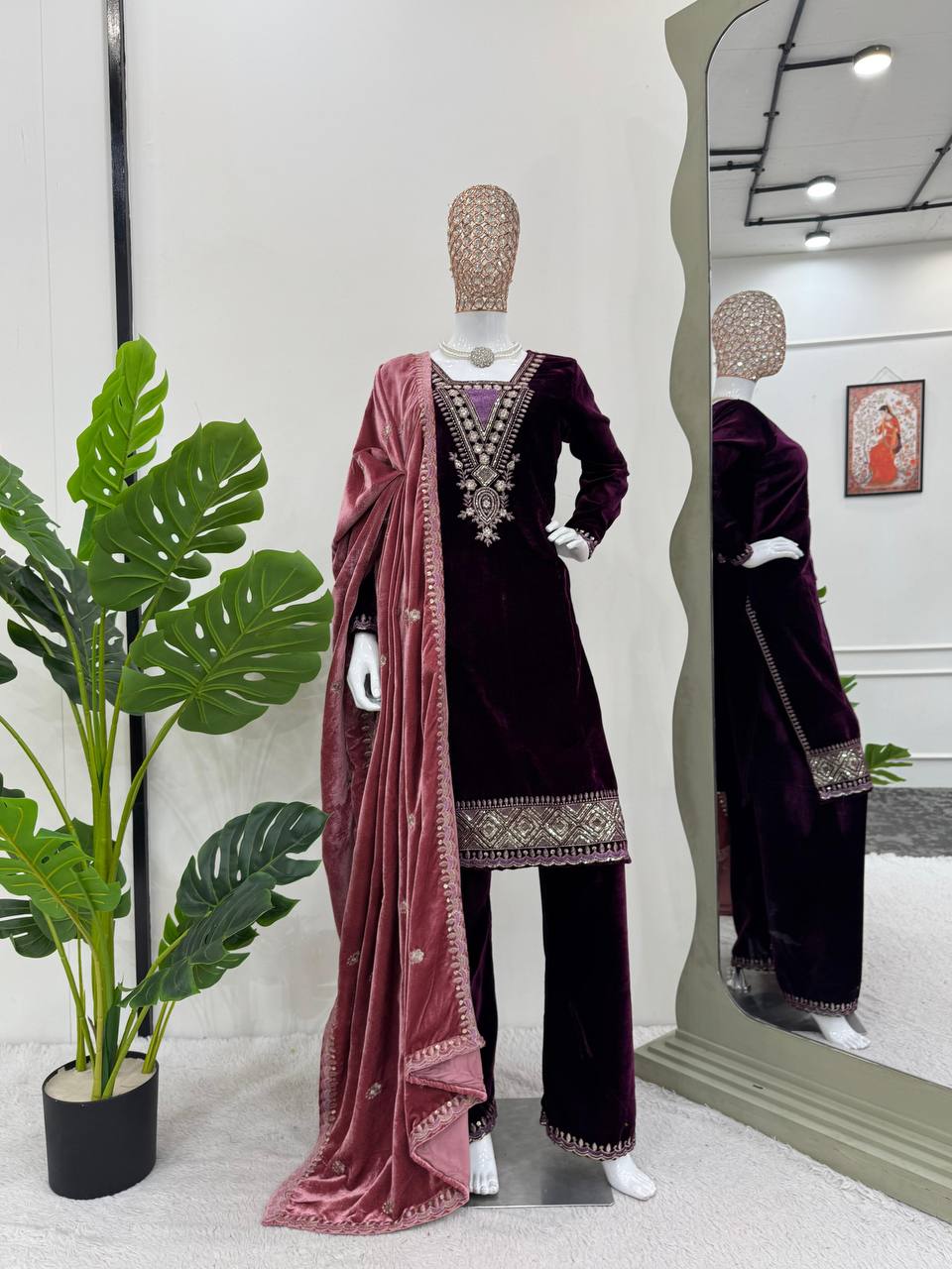 "Wine Color Viscose Velvet Kurta Set – Elegant and Luxurious"