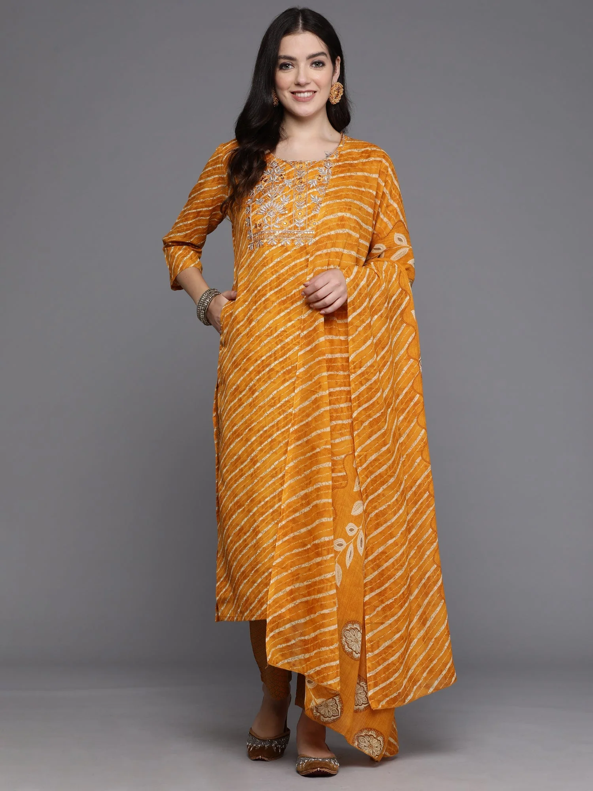 Women's Mustard Printed Straight Kurta Trousers With Dupatta Set