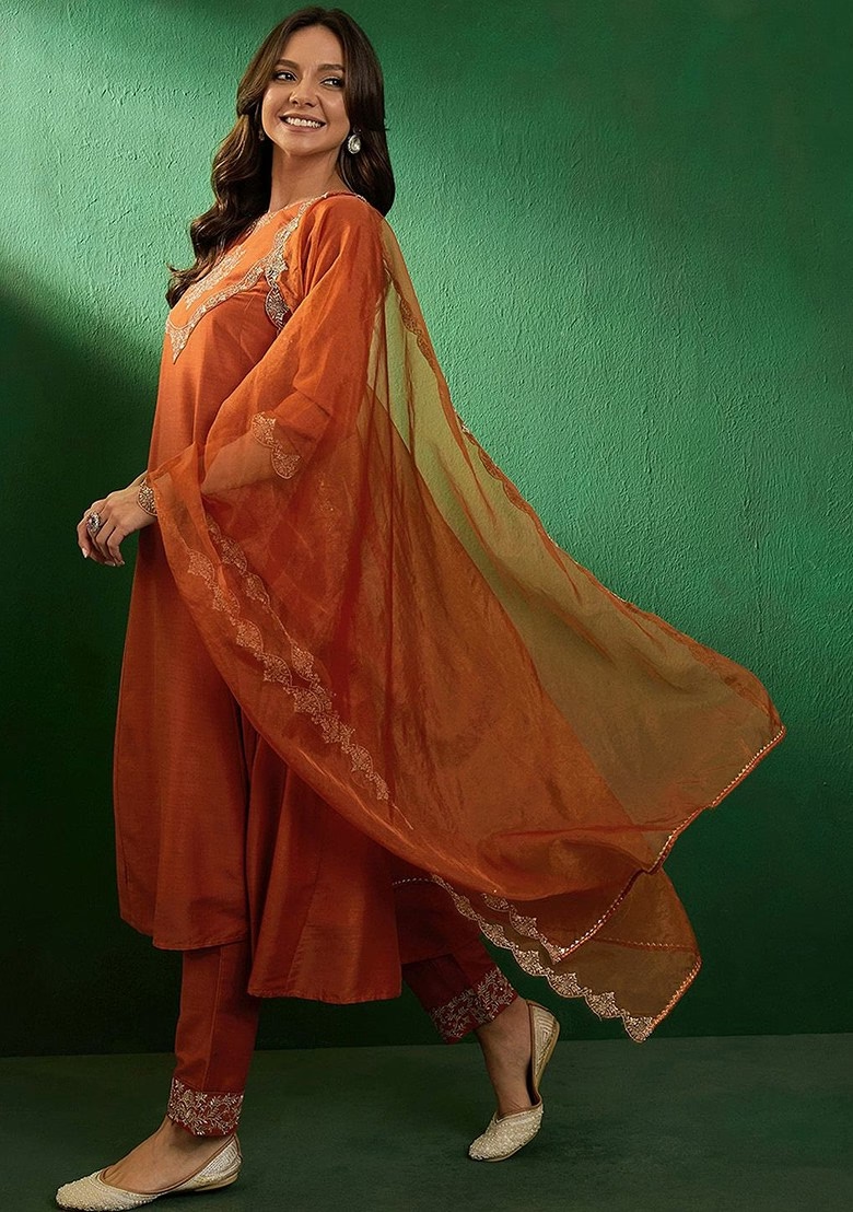 Embroidered Boat Neck Kurta With Trousers And Dupatta