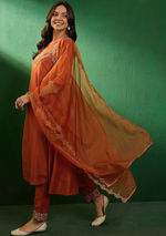 Embroidered Boat Neck Kurta With Trousers And Dupatta