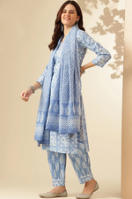 Blue Printed Cotton Suit- Set of 3