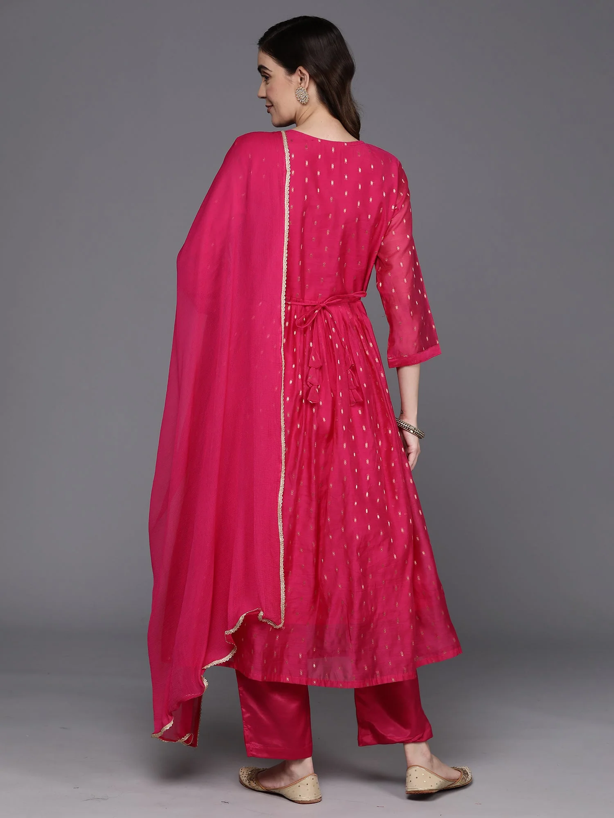 Pink Embroidered A-Line Kurta Trousers With Dupatta Set