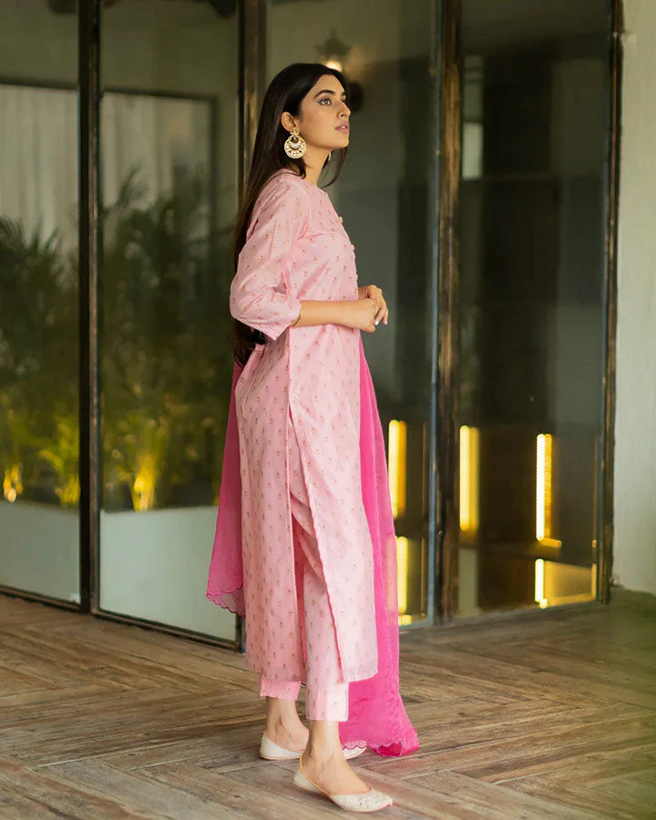 Pink Printed Chanderi Suit Set