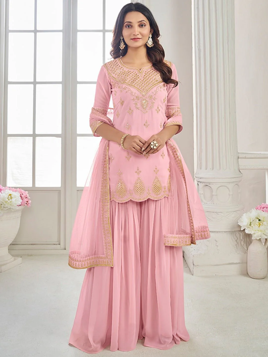 PINK WOMEN ETHNIC MOTIFS EMBROIDERED REGULAR THREAD WORK KURTI WITH SHARARA & WITH DUPATTA