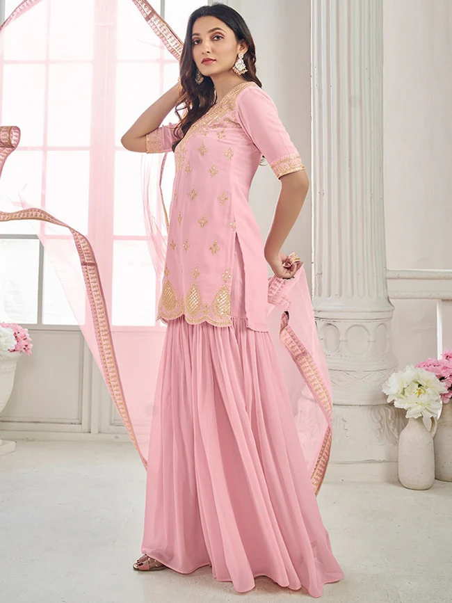 PINK WOMEN ETHNIC MOTIFS EMBROIDERED REGULAR THREAD WORK KURTI WITH SHARARA & WITH DUPATTA