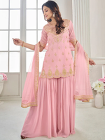 PINK WOMEN ETHNIC MOTIFS EMBROIDERED REGULAR THREAD WORK KURTI WITH SHARARA & WITH DUPATTA