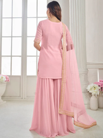 PINK WOMEN ETHNIC MOTIFS EMBROIDERED REGULAR THREAD WORK KURTI WITH SHARARA & WITH DUPATTA