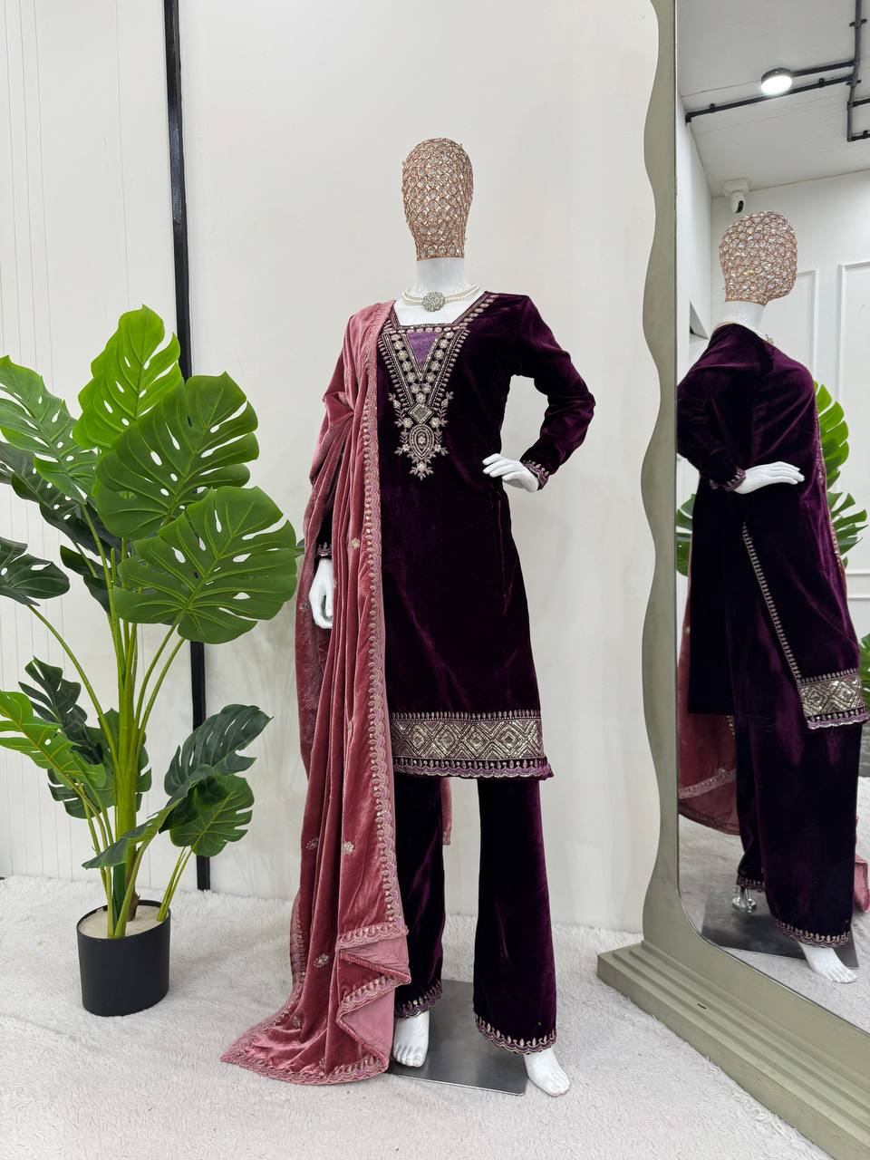 "Wine Color Viscose Velvet Kurta Set – Elegant and Luxurious"