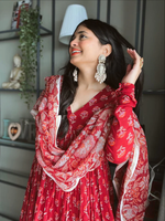 RED FLORAL PRINT ALIA CUT KURTA SET