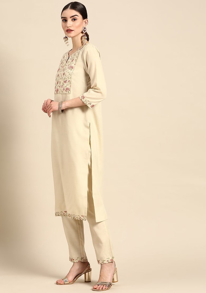 Women Off White And Pink Ethnic Motifs Yoke Design Kurta With Trousers And With Dupatta