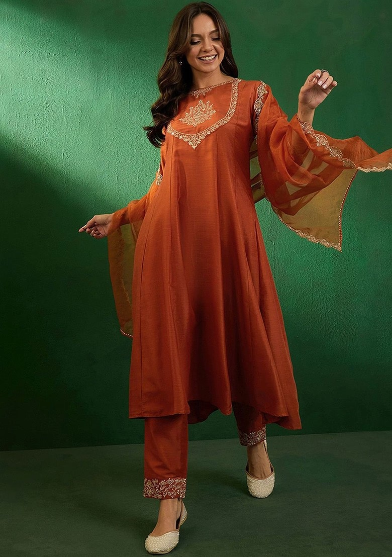 Embroidered Boat Neck Kurta With Trousers And Dupatta