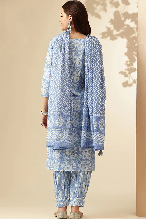 Blue Printed Cotton Suit- Set of 3