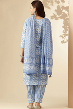 Blue Printed Cotton Suit- Set of 3