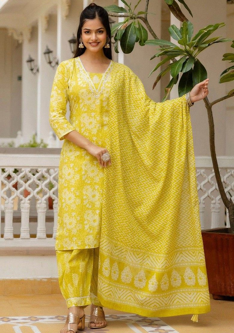 Floral Printed V-Neck A-Line Kurta With Salwar And Dupatta