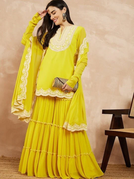 YELLOW & GOLD TONED YOKE DESIGN EMBROIDERED STRAIGHT KURTA WITH SHARARA & DUPATTA