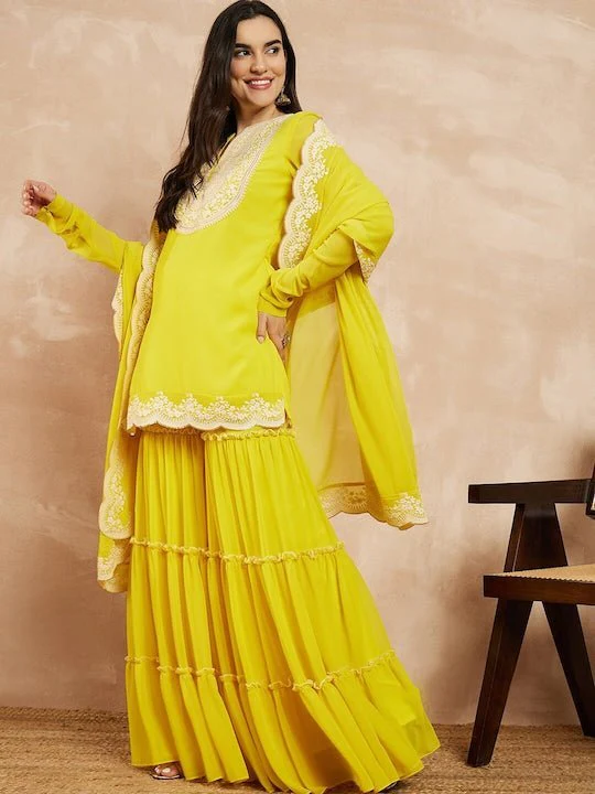 YELLOW & GOLD TONED YOKE DESIGN EMBROIDERED STRAIGHT KURTA WITH SHARARA & DUPATTA