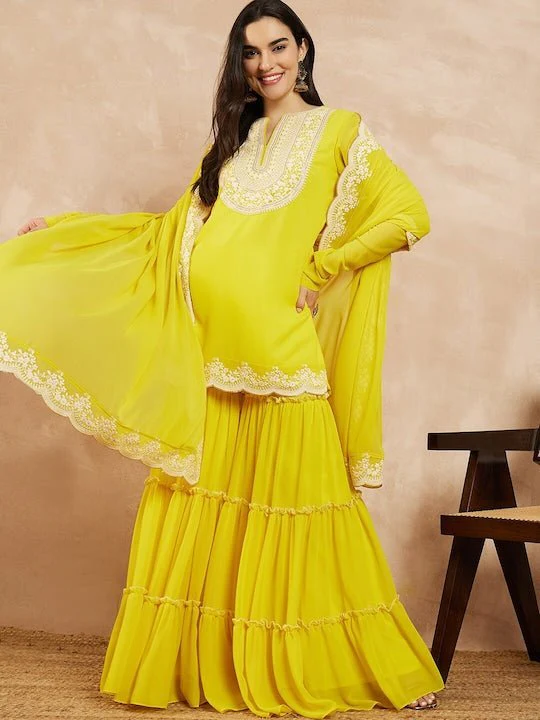 YELLOW & GOLD TONED YOKE DESIGN EMBROIDERED STRAIGHT KURTA WITH SHARARA & DUPATTA