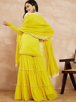 YELLOW & GOLD TONED YOKE DESIGN EMBROIDERED STRAIGHT KURTA WITH SHARARA & DUPATTA