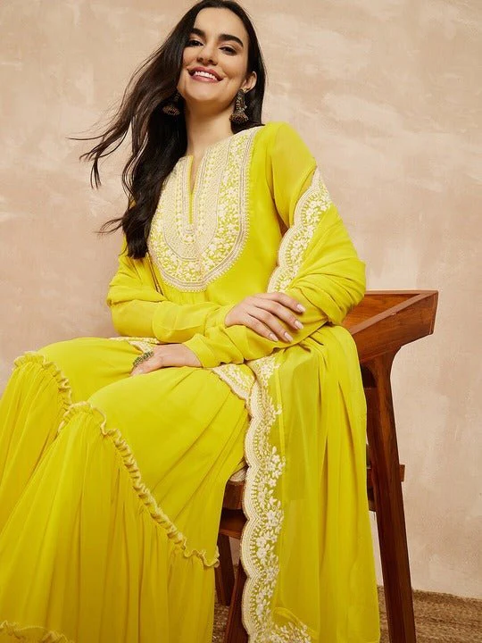 YELLOW & GOLD TONED YOKE DESIGN EMBROIDERED STRAIGHT KURTA WITH SHARARA & DUPATTA