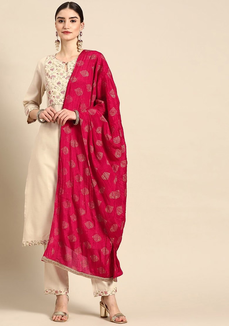 Women Off White And Pink Ethnic Motifs Yoke Design Kurta With Trousers And With Dupatta