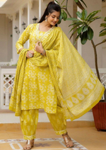 Floral Printed V-Neck A-Line Kurta With Salwar And Dupatta