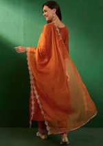 Embroidered Boat Neck Kurta With Trousers And Dupatta