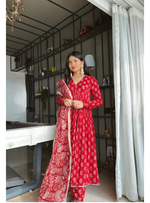 RED FLORAL PRINT ALIA CUT KURTA SET