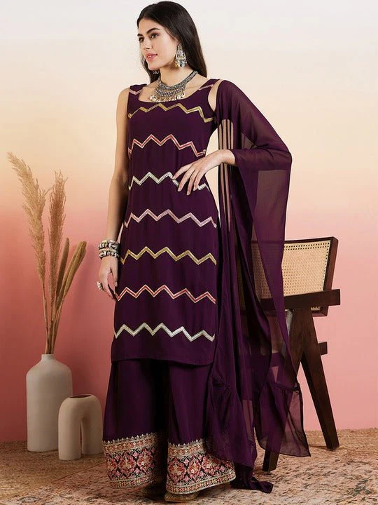 MAROON ETHNIC MOTIFS EMBROIDERED THREAD WORK GEORGETTE KURTA WITH PALAZZO & DUPATTA